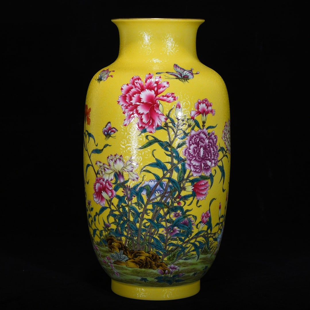An Exquisite Famille-Rose Flower and Butterfly Pattern with poem Vase: An Exquisite Famille-Rose Flower and Butterfly Pattern with poem Vase Qing Dynasty, China Yongzheng Six-character Mark Size:13inx9.1in粉彩黄地扒花虞美&#