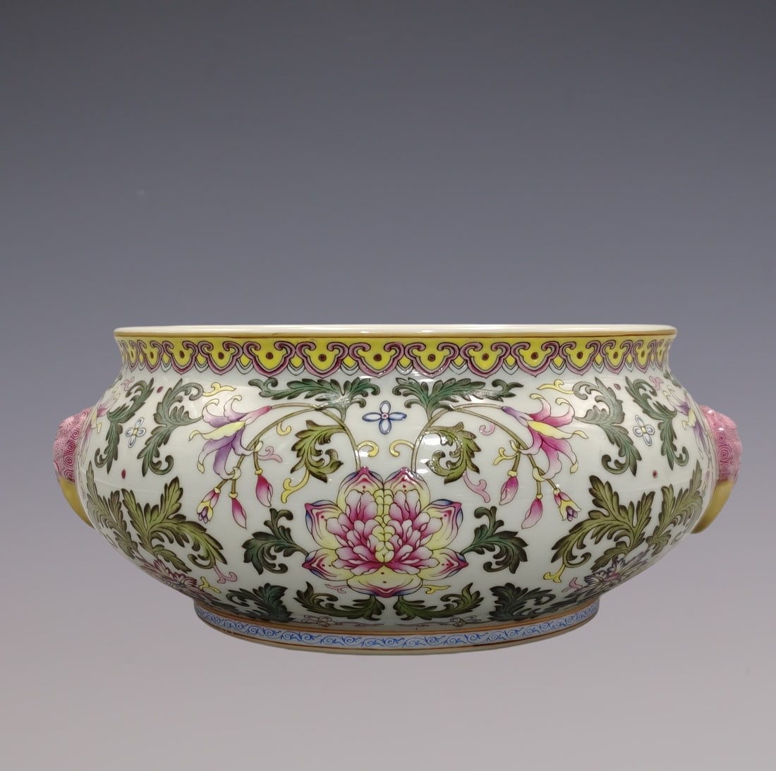 An Exquisite Famille-Rose Lotus Pattern Double-Ears Brush Washer: An Exquisite Famille-Rose Lotus Pattern Double-Ears Brush Washer Qing Dynasty, China Qianlong Six-character Mark