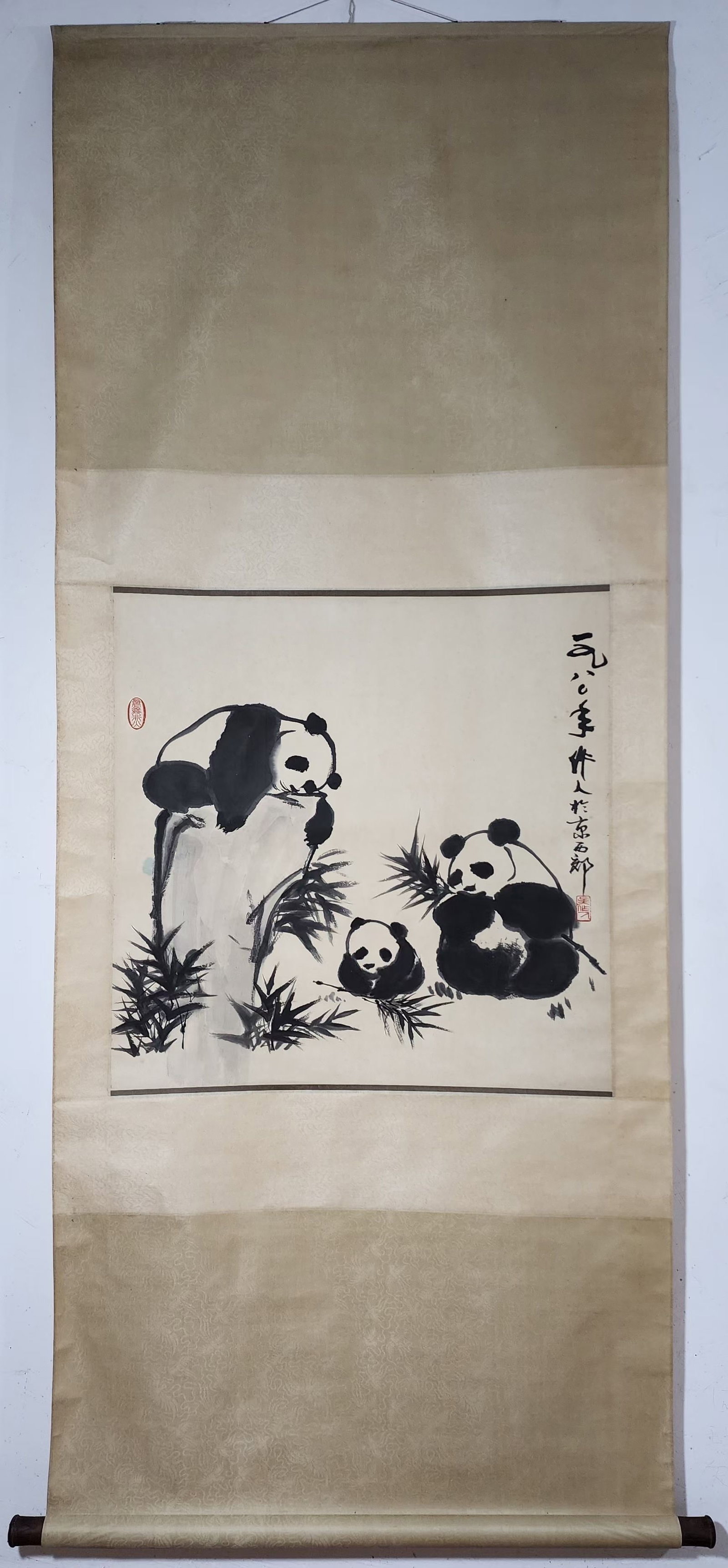 A Chinese Vertical Scroll Ink Painting of Panda on Paper: A Chinese Vertical Scroll Ink Painting of Panda on Paper Wu zuoren Without frame Size:27inx27in吴作人熊猫图 纸本立轴Without frame Size:68.5c
