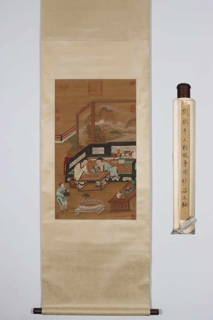 A Chinese Vertical Scroll Ink Painting of Character and Story on Silk: A Chinese Vertical Scroll Ink Painting of Character and Story on Silk Liu songnian Without frame Size:30.9inx18.1in刘松年绘人物故事图 绢