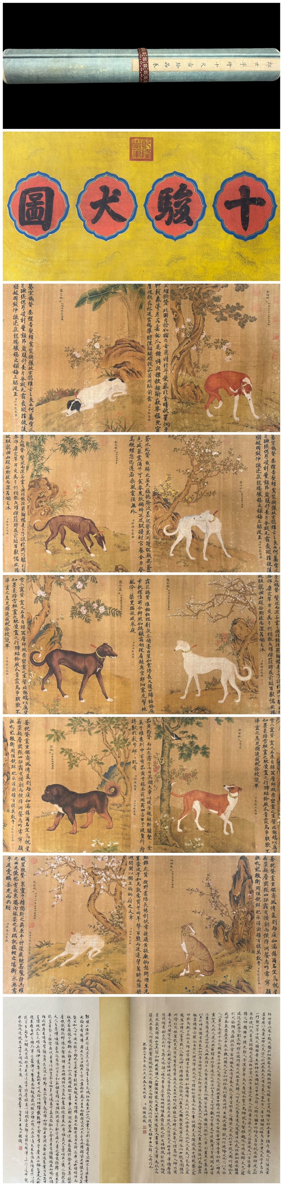 A Chinese Hand Scroll Ink Painting of Dog on Silk: A Chinese Hand Scroll Ink Painting of Dog on Silk Lang shining Box Size:30.6inx8.6inx11in Size:317.3inx25.3in郎世宁十犬圖珍品 绢本手&#