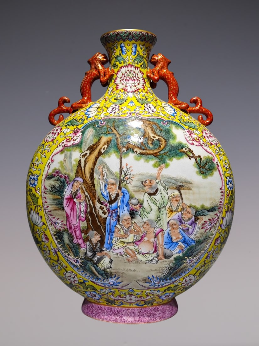 An Exquisite Enamel Flower Pattern Character and Story Pattern Double-Ears Vase: An Exquisite Enamel Flower Pattern Character and Story Pattern Double-Ears Vase Qing Dynasty, China Qianlong Four-character Mark