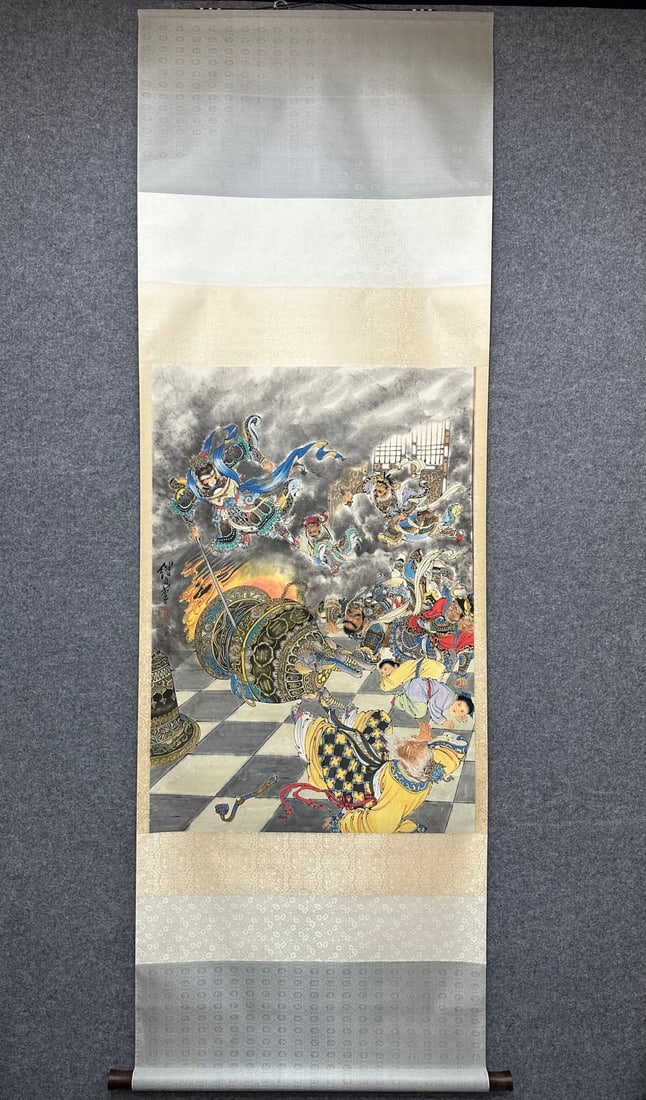 A Chinese Vertical Scroll Ink Painting of Figure Character and Story on Paper: A Chinese Vertical Scroll Ink Painting of Figure Character and Story on Paper Liu jilu Without frame Size:37.4inx26in刘继卣大闹天宫