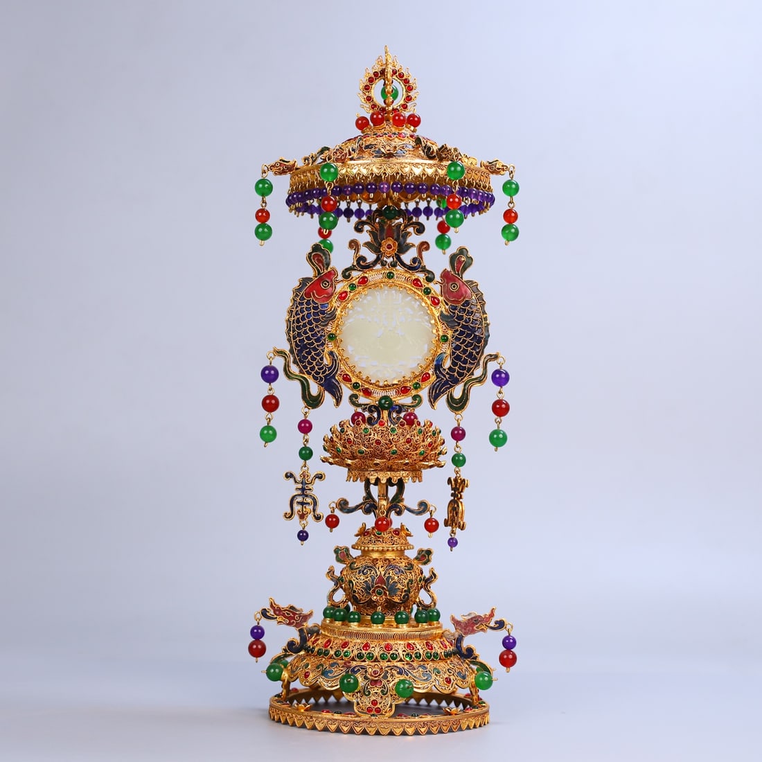 An Exquisite Gilt Bronze Inlaid White Jade Bats and Peach Pattern Ornament: An Exquisite Gilt Bronze Inlaid White Jade Bats and Peach Pattern Ornament Qing Dynasty, China Qianlong Four-character Mark Size:14.8inx5.7inx5.3in