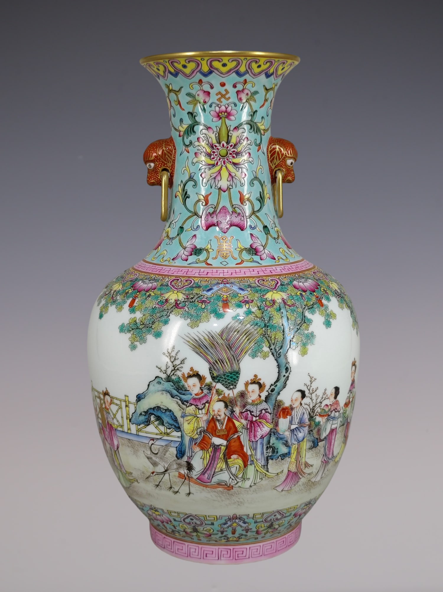 An Exquisite Famille-Rose Bats and Peach Pattern Lotus Pattern Character and Story Pattern: An Exquisite Famille-Rose Bats and Peach Pattern Lotus Pattern Character and Story Pattern Double-Ears Vase Qing Dynasty, China Jiaqing Six-character Mark