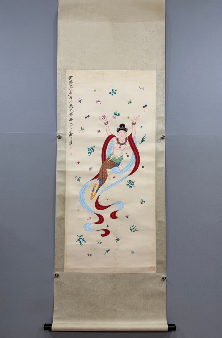 A Chinese Vertical Scroll Ink Painting of Figure on Paper: A Chinese Vertical Scroll Ink Painting of Figure on Paper Zhang daqian Without frame Size:22.8inx50.4in张大千飞天图 纸本立轴Without frame Si