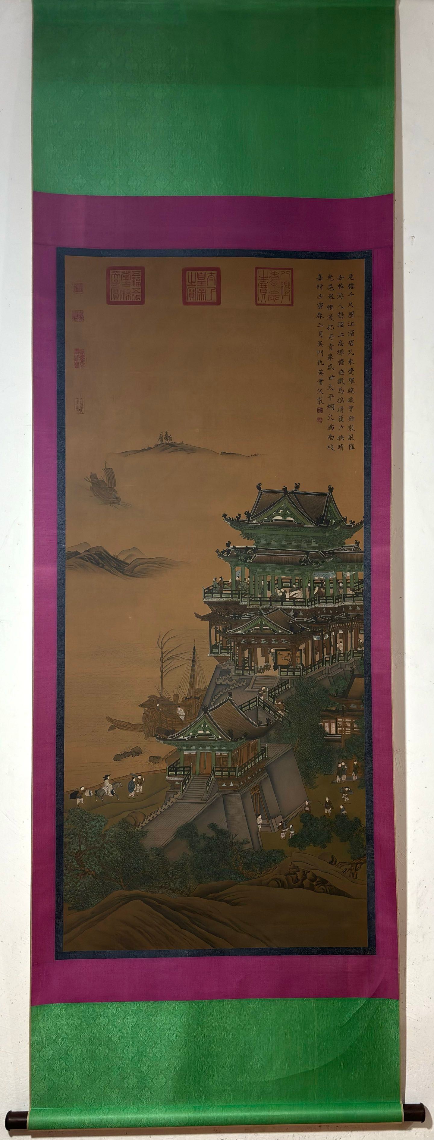 A Chinese Vertical Scroll Ink Painting of Landscape and Figure on Silk: A Chinese Vertical Scroll Ink Painting of Landscape and Figure on Silk Qiu ying Without frame Size:55.9inx24.4in仇英楼阁图 绢本立轴Without frame S