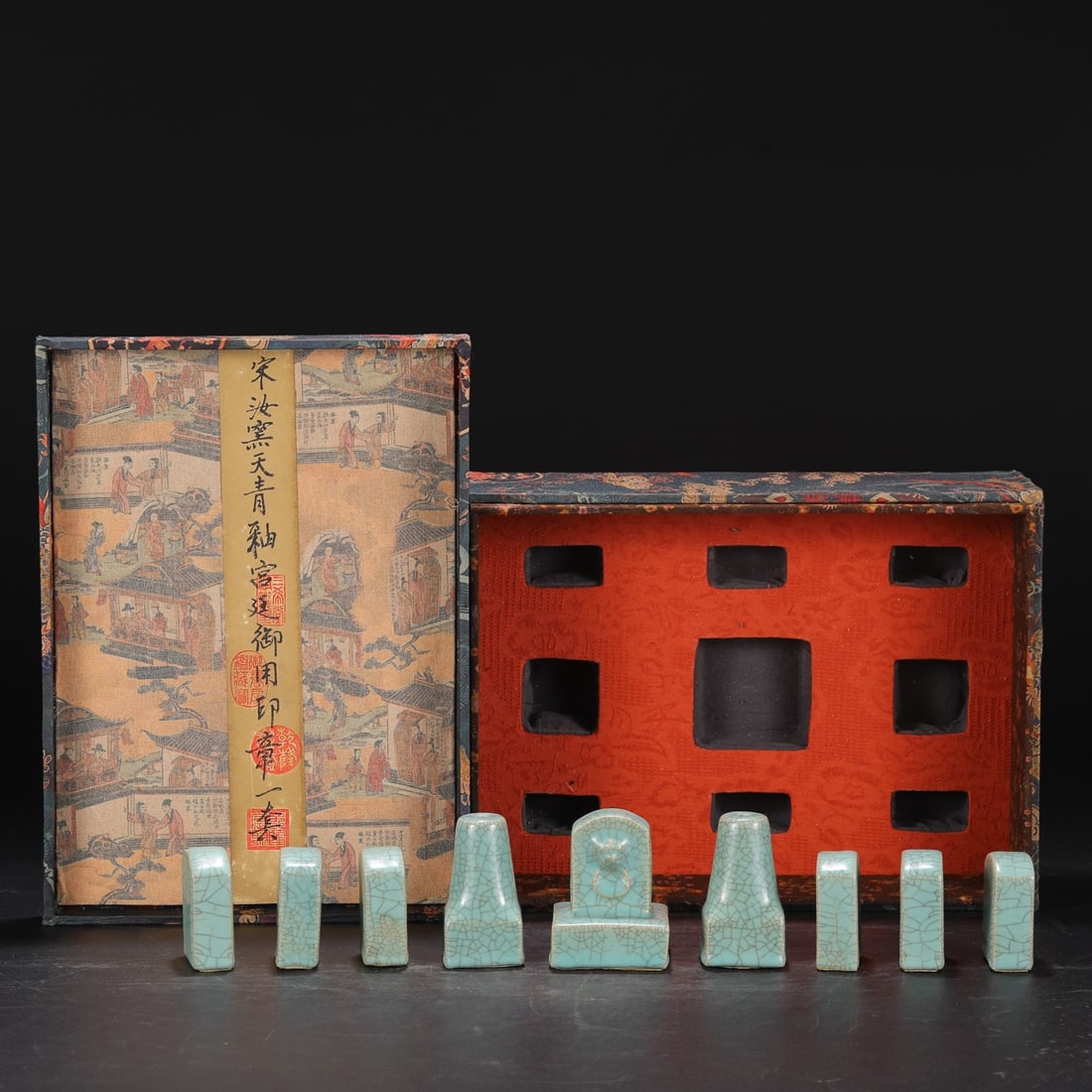 A Set of Fine Ru yao Sky Blue Glazed Seal: A Set of Fine Ru yao Sky Blue Glazed Seal Song Dynasty, China Size:3.3inx2.4in Size:2.6inx1.8in汝窑天青釉宫廷御用九印章一&
