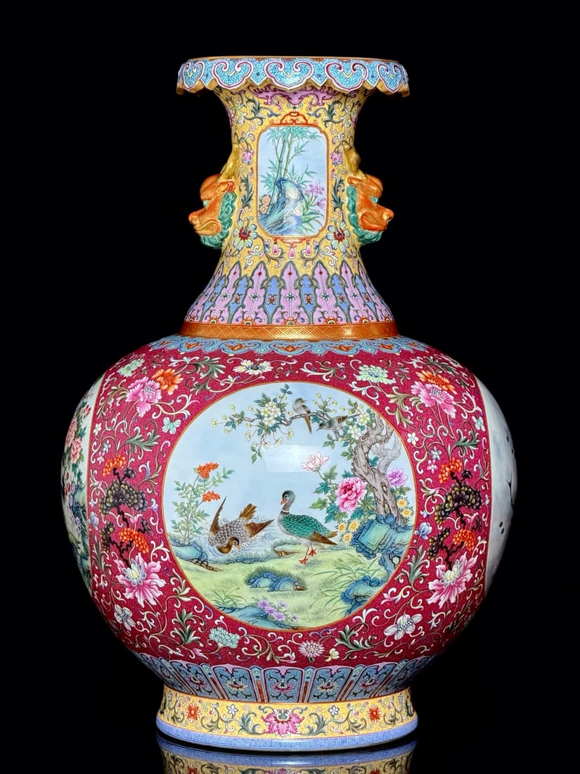 An Exquisite Ruby Red-Glazed Painted Gold Lotus Pattern Flower and Bird Pattern Fish and Lotus: An Exquisite Ruby Red-Glazed Painted Gold Lotus Pattern Flower and Bird Pattern Fish and Lotus Pattern Double-Ears Vase Qing Dynasty, China Qianlong Six-character Mark Size:23.6inx15.7in黄ࢸ