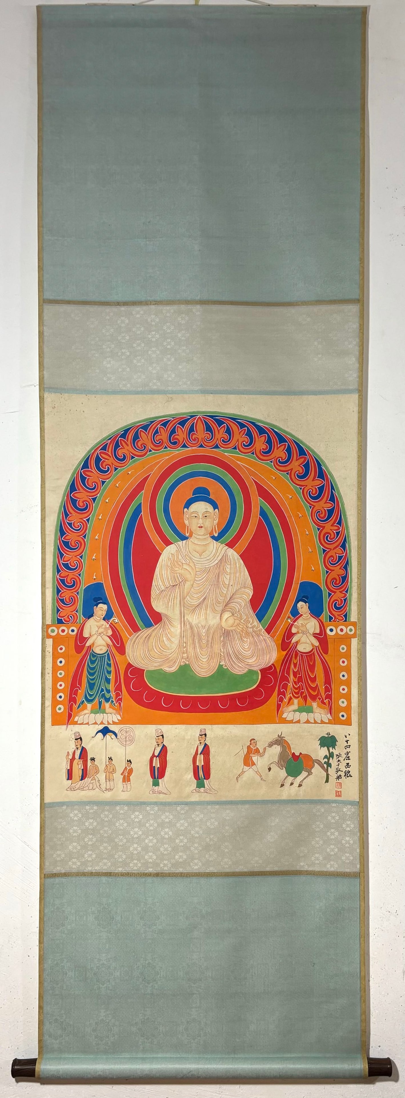 A Chinese Vertical Scroll Ink Painting of Buddha Statue on Paper: A Chinese Vertical Scroll Ink Painting of Buddha Statue on Paper Zhang daqian Without frame Size:31.7inx24.6in张大千敦煌壁画图 纸本立&