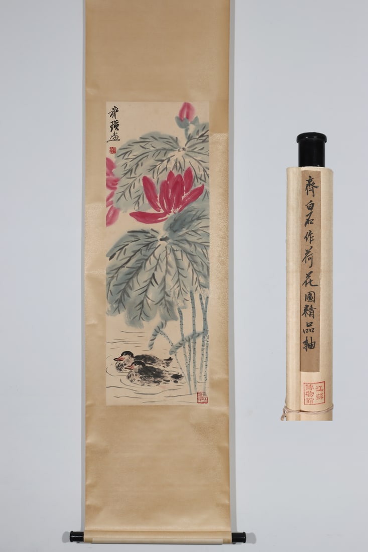 A Chinese Vertical Scroll Ink Painting of Flower and Bird on Paper: A Chinese Vertical Scroll Ink Painting of Flower and Bird on Paper Qi baishi Without frame Size:39.4inx13.2in齐白石作荷花圖 纸本立轴Wi