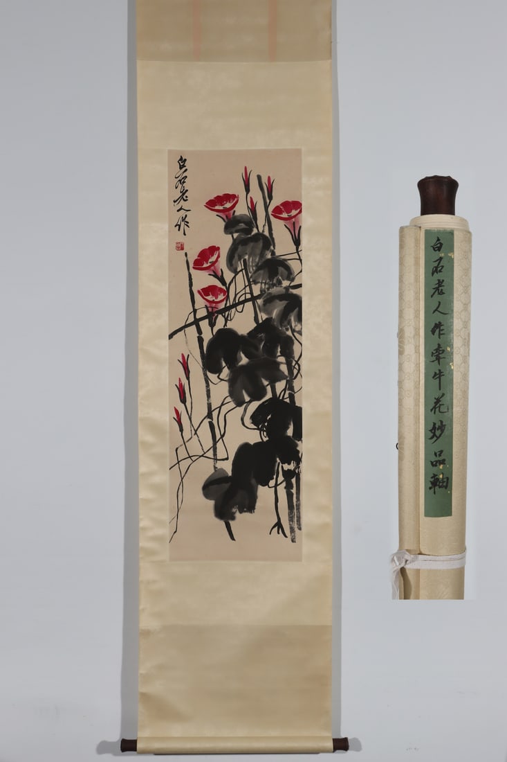 A Chinese Vertical Scroll Ink Painting of Flower on Paper: A Chinese Vertical Scroll Ink Painting of Flower on Paper Qi baishi Without frame Size:40.6inx13.2in齐白石作牵牛花軸 纸本立轴Wit