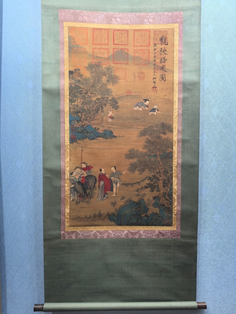 A Chinese Vertical Scroll Ink Painting of Landscape and Figure on Silk: A Chinese Vertical Scroll Ink Painting of Landscape and Figure on Silk Song huizong Without frame Size:20.9inx39.6in宋徽宗觀秧晤友图 绢本