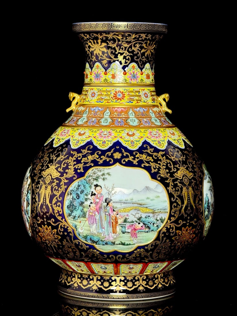 An Exquisite Enamel Ji Blue Glazed Painted Gold Lotus Pattern Landscape and Figure Pattern: An Exquisite Enamel Ji Blue Glazed Painted Gold Lotus Pattern Landscape and Figure Pattern Double-Ears Vase Qing Dynasty, China Qianlong Six-character Mark Size:21.2inx15.4in霁蓝描&#