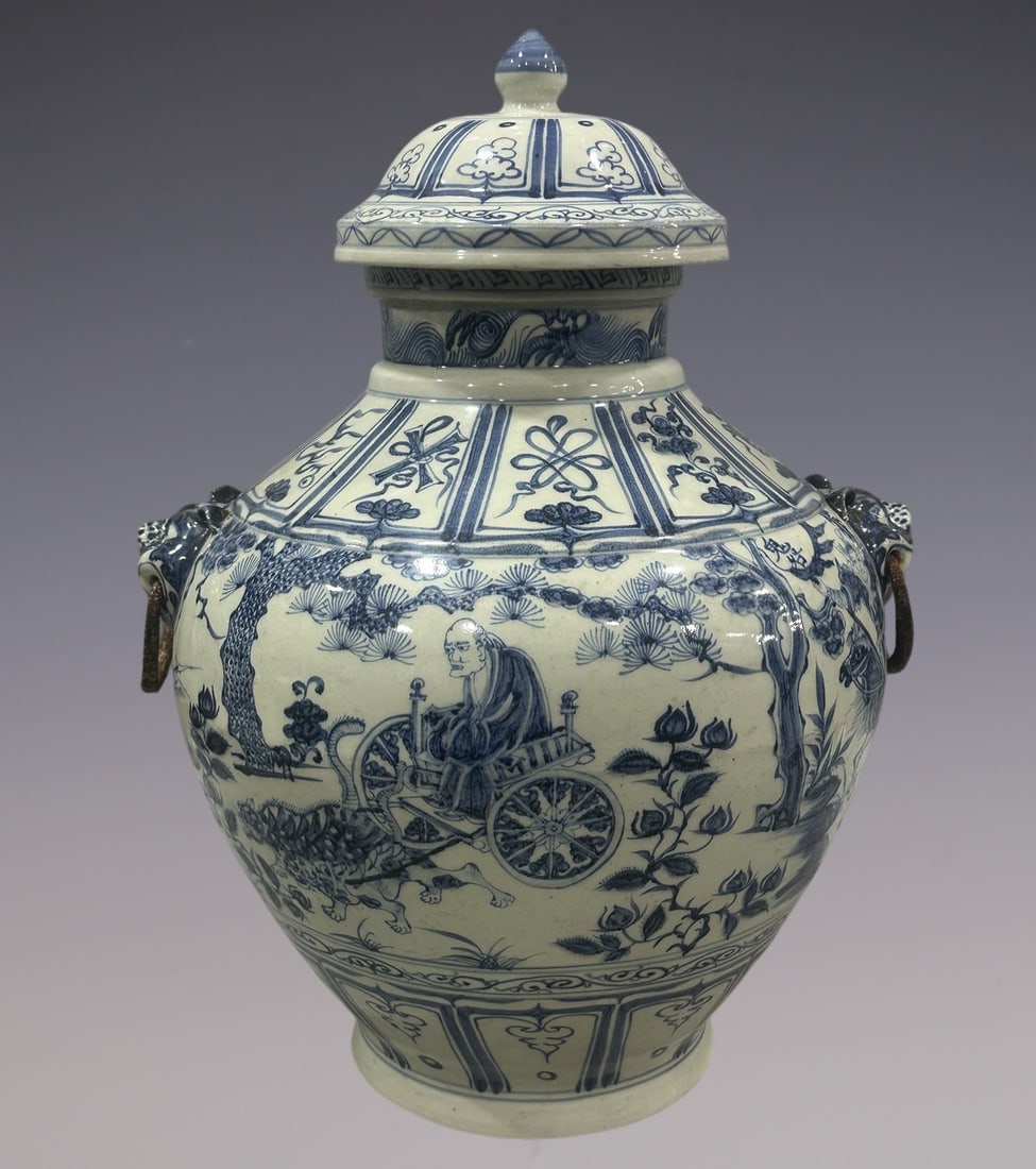 An Exquisite Blue and White Eight Treasures Pattern Character and Story Pattern Double-Ears Jar: An Exquisite Blue and White Eight Treasures Pattern Character and Story Pattern Double-Ears Jar Yuan Dynasty, China