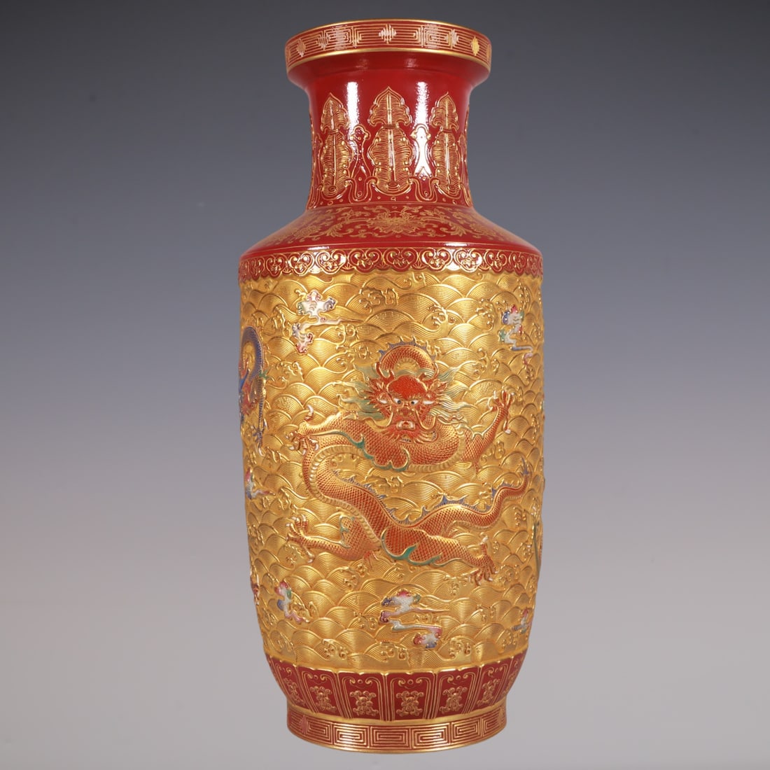 An Exquisite Enamel Dragon Pattern Seawater Pattern Lotus Pattern Vase: An Exquisite Enamel Dragon Pattern Seawater Pattern Lotus Pattern Vase Qing Dynasty, China Qianlong Six-character Mark