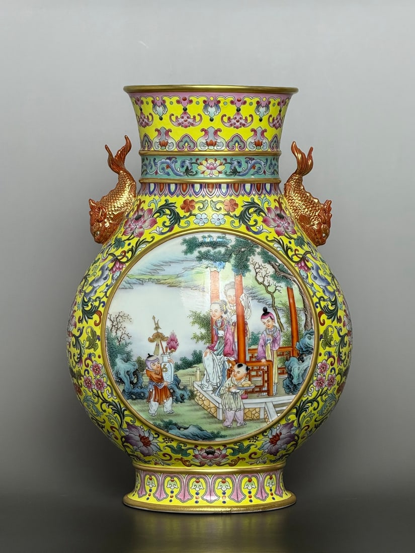 An Exquisite Famille-Rose Painted Gold Lotus Pattern Character and Story Pattern Double-Ears Vase: An Exquisite Famille-Rose Painted Gold Lotus Pattern Character and Story Pattern Double-Ears Vase Qing Dynasty, China Qianlong Four-character Mark