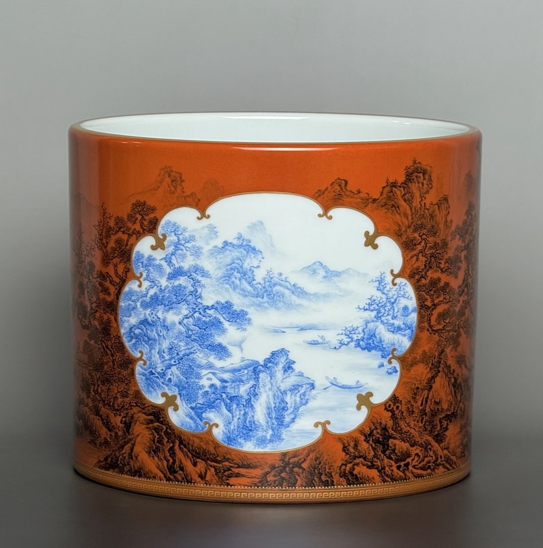 An Exquisite Ink Color Iron-Red Painted Gold Landscape Pattern Brush Pot: An Exquisite Ink Color Iron-Red Painted Gold Landscape Pattern Brush Pot Qing Dynasty, China Yongzheng Six-character Mark Size:6.3inx7.6in图案描金边矾红ࢸ