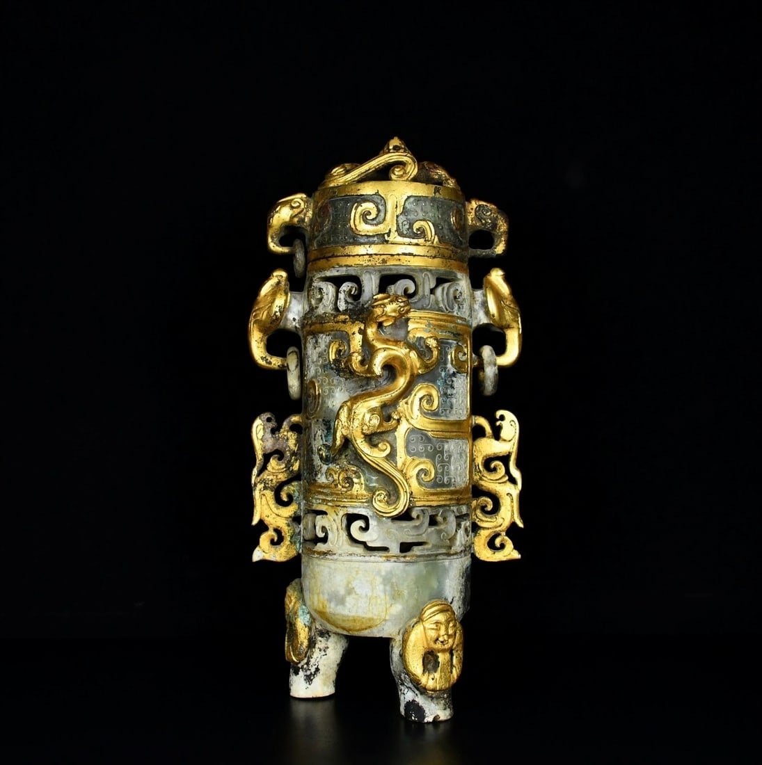 An Exquisite White Jade Cover with Gold Dragon Phoenix Pattern Vase (1 of 9)