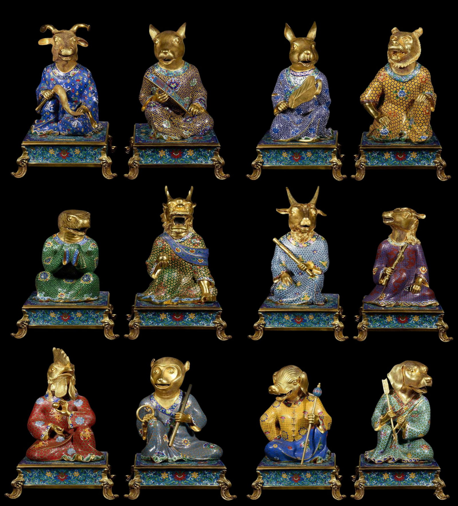 A Set of Fine Cloisonne Auspicious Beast Ornament: A Set of Fine Cloisonne Auspicious Beast Ornament Qing Dynasty, China Qianlong Six-character Mark Size:22.4inx13.4in Weight:198kg景泰蓝十二生肖 中ࢲ