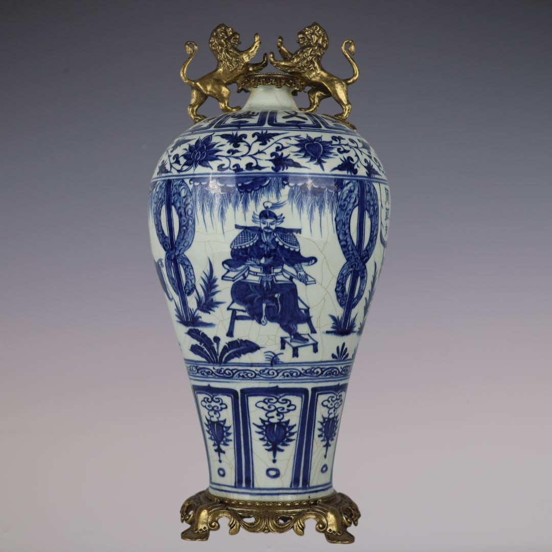 An Exquisite Blue and White Inlaid Bronze Lotus Pattern Character and Story Pattern Double-Ears Vase (1 of 9)