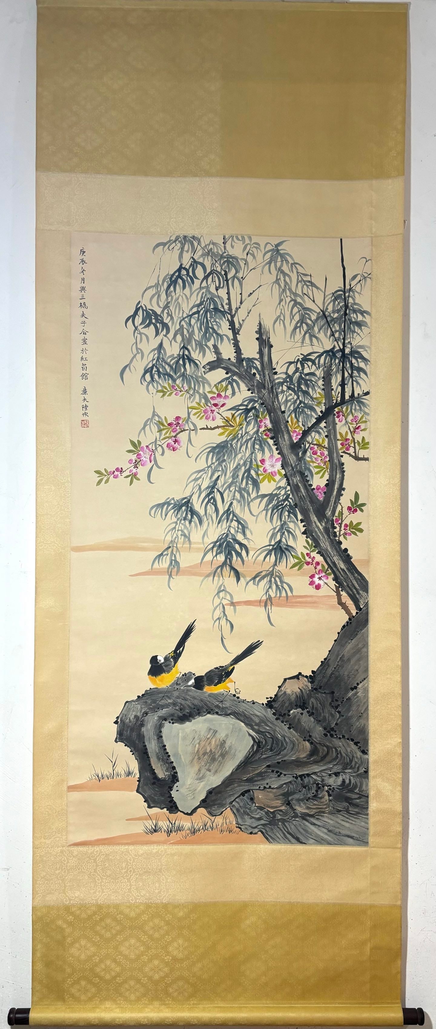 A Chinese Vertical Scroll Ink Painting of Flower and Bird on Paper: A Chinese Vertical Scroll Ink Painting of Flower and Bird on Paper Lu hui Without frame Size:53.7inx26.6in陆恢花鸟图 纸本立轴Without frame Size:13