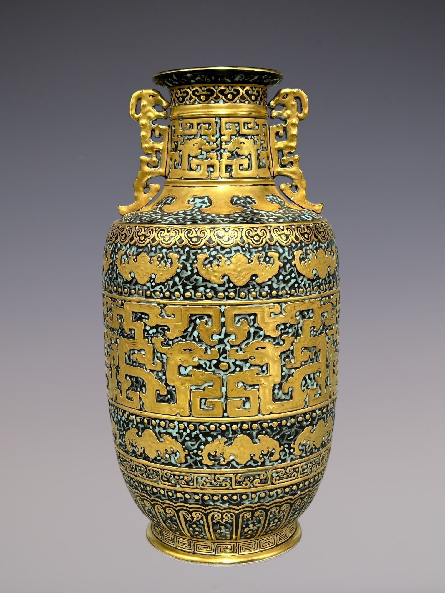 An Exquisite Bronze glaze Cover with Gold Bats Pattern Double-Ears Vase: An Exquisite Bronze glaze Cover with Gold Bats Pattern Double-Ears Vase Qing Dynasty, China Qianlong Six-character Mark