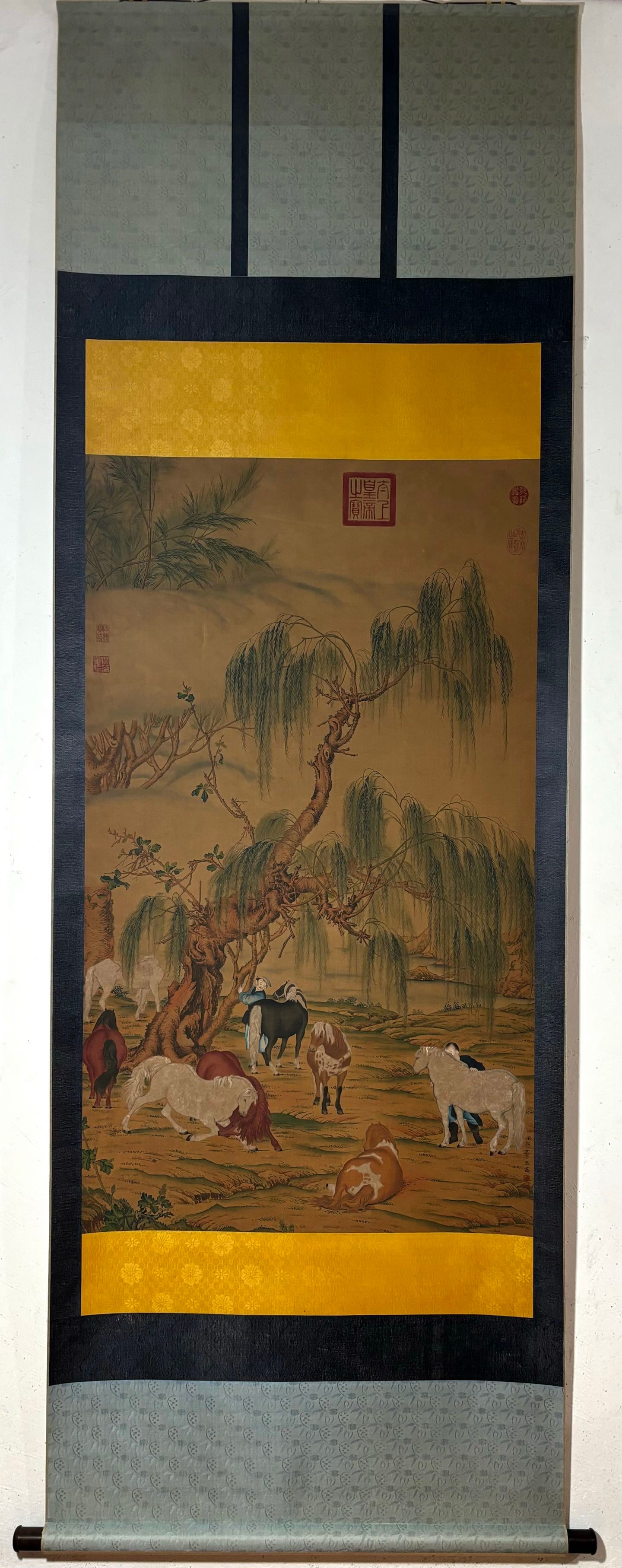 A Chinese Vertical Scroll Ink Painting of Horse on Silk: A Chinese Vertical Scroll Ink Painting of Horse on Silk Lang shining Without frame Size:45.7inx26.6in郎世宁柳荫八骏图 绢本立轴Wi