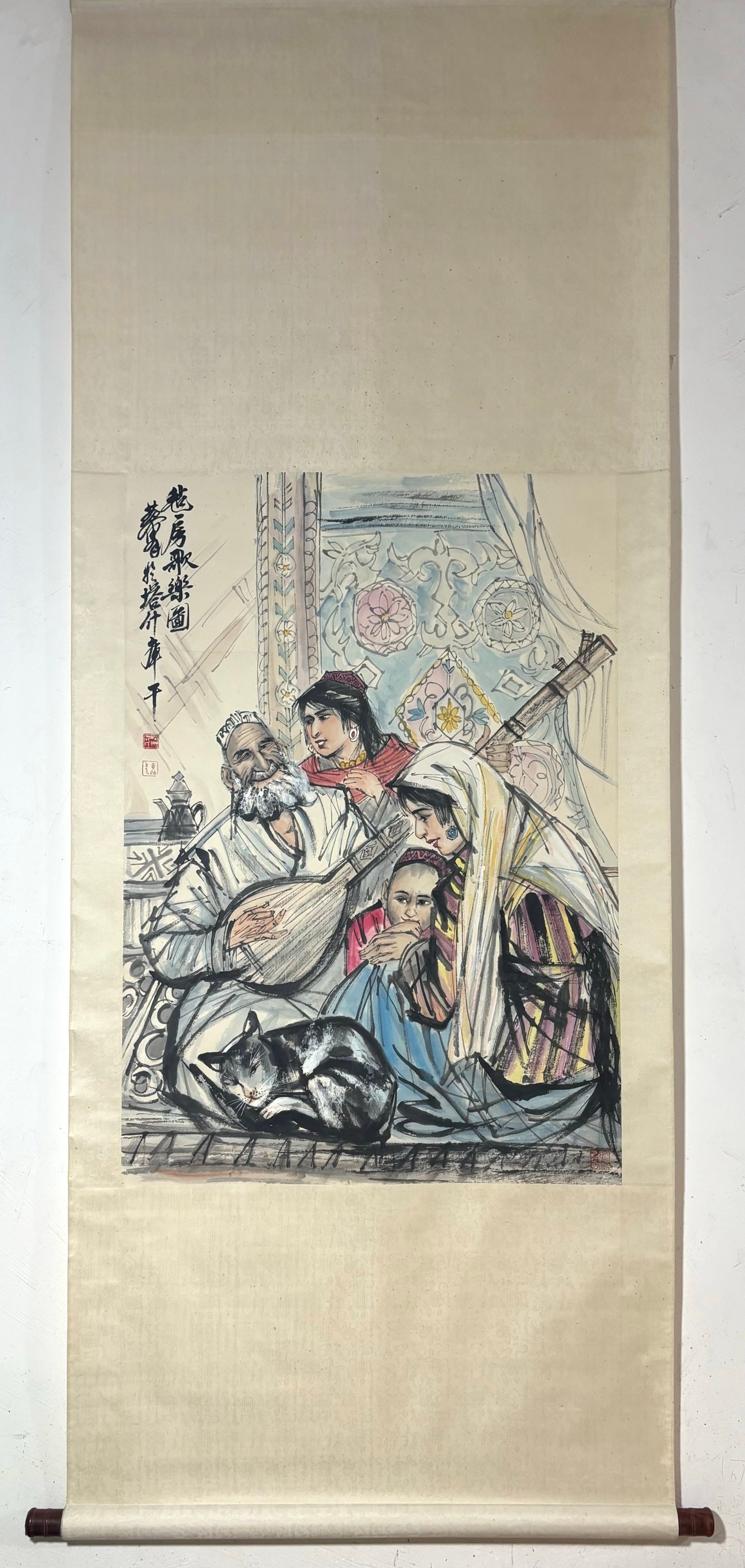 A Chinese Vertical Scroll Ink Painting of Character and Story on Paper: A Chinese Vertical Scroll Ink Painting of Character and Story on Paper Huang zhou Without frame Size:37.8inx26.6in黄胄人物图 纸本立轴Without frame