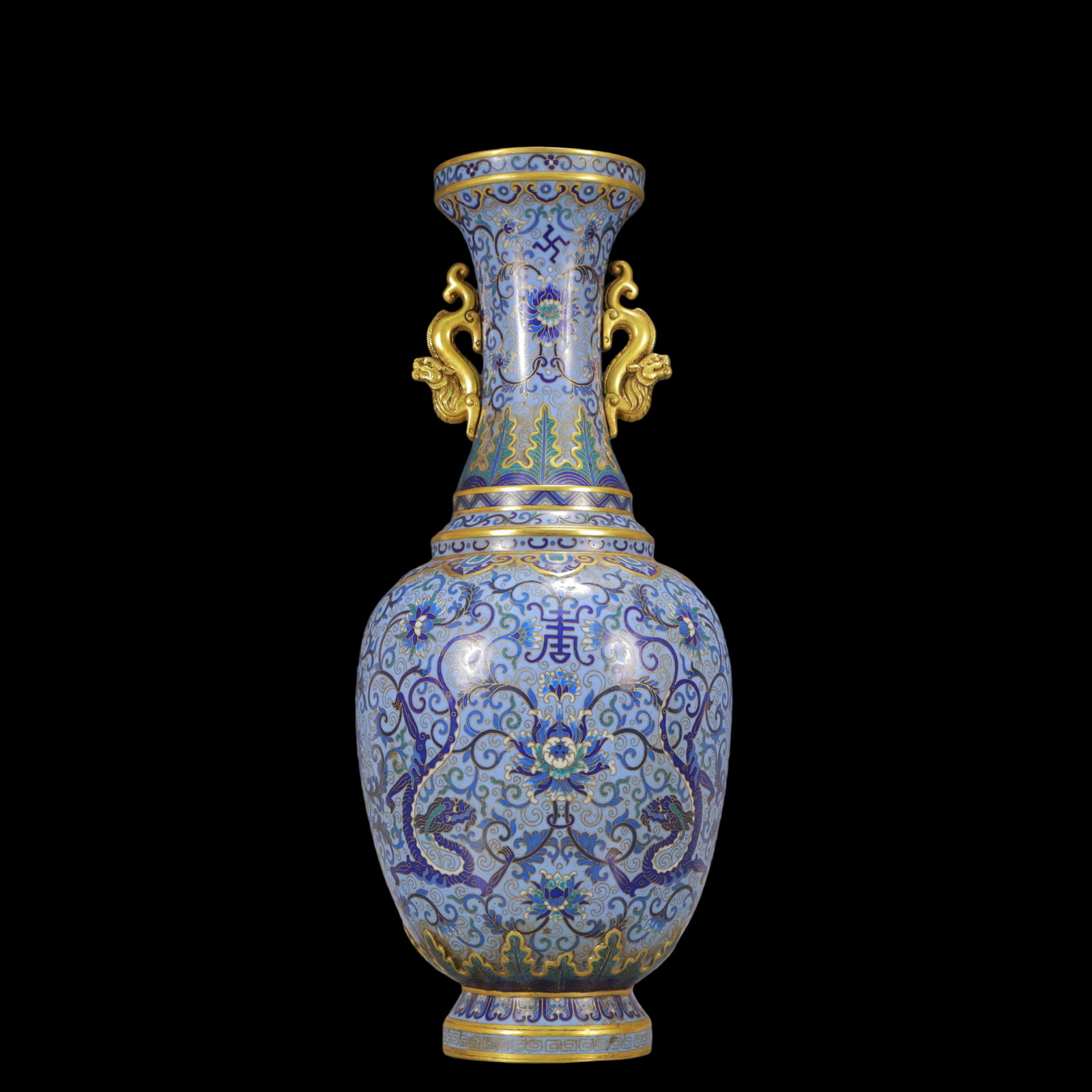 A Huge Cloisonne Lotus and Dragon Pattern Double-Ears Vase: A Huge Cloisonne Lotus and Dragon Pattern Double-Ears Vase Qing Dynasty China Qianlong Four-character Mark Size:6.7inx18.1in Weight:6900g 景泰蓝缠枝莲龙ಬ