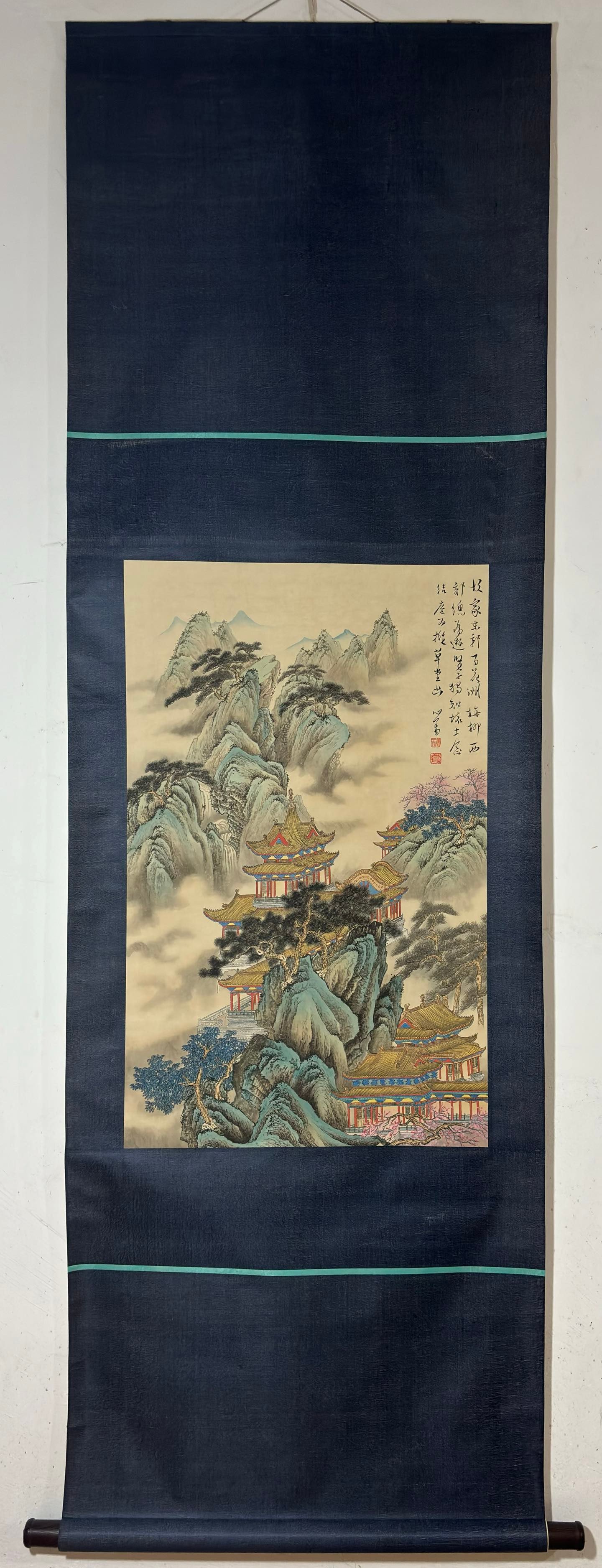 A Chinese Vertical Scroll Ink Painting of Landscape on Paper: A Chinese Vertical Scroll Ink Painting of Landscape on Paper Pu ru Without frame Size:30.9inx19.3in溥儒界画山水图 纸本立轴Without fram