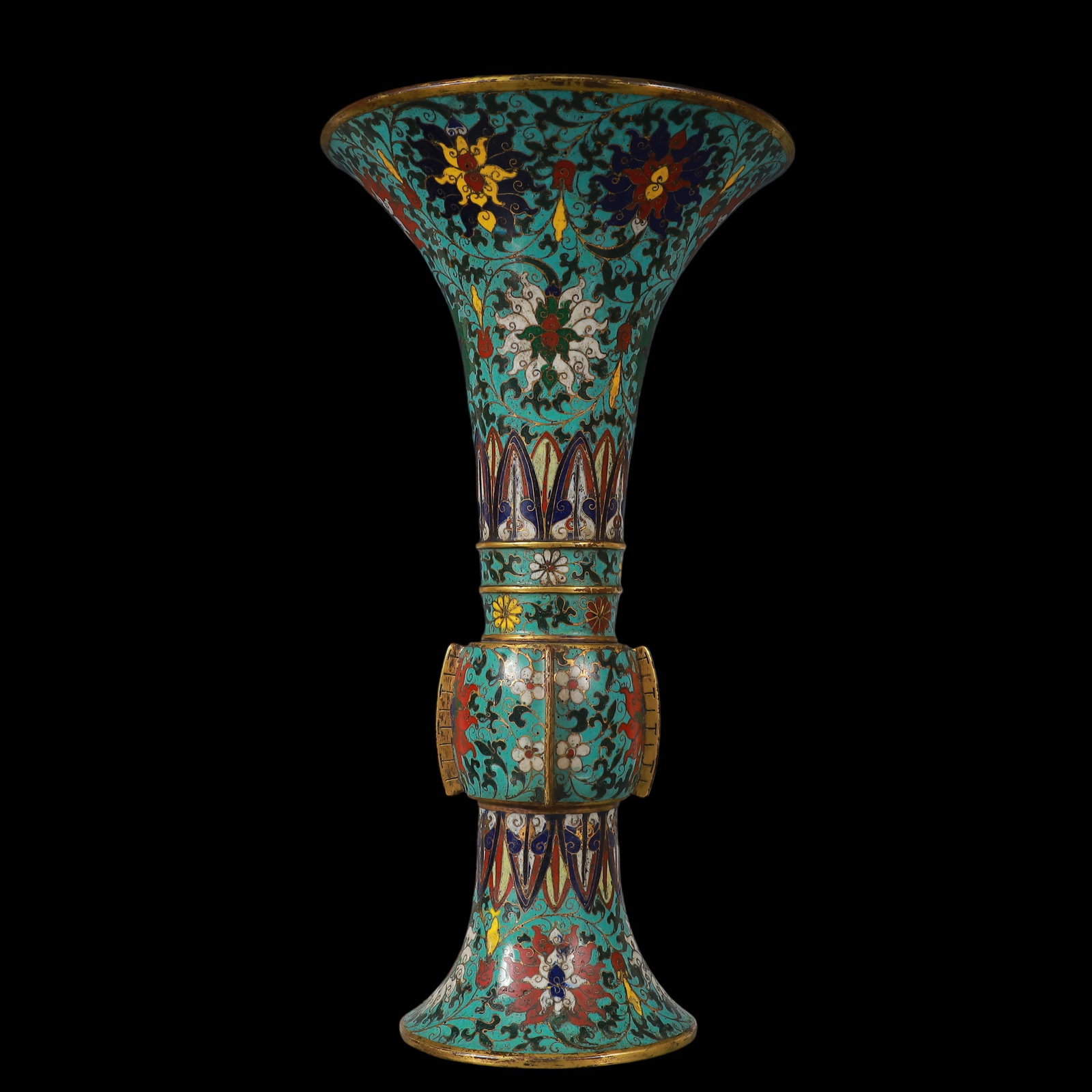 An Exquisite Cloisonne Gilt Bronze Lotus Pattern Flower Pattern Double-Ears Vase: An Exquisite Cloisonne Gilt Bronze Lotus Pattern Flower Pattern Double-Ears Vase Ming Dynasty, China Jingtai Four-character Mark Size:7.3inx7.3inx13.6in Weight:1900g景泰蓝铜
