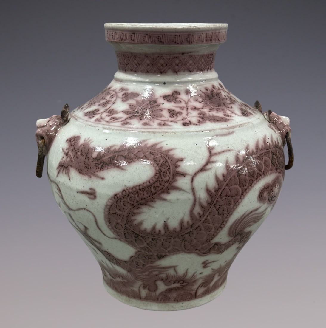 An Exquisite Blue and White Underglaze-Red Lotus Pattern Dragon Pattern Double-Ears Jar: An Exquisite Blue and White Underglaze-Red Lotus Pattern Dragon Pattern Double-Ears Jar Yuan Dynasty, China Size:14.6in青花釉里红缠枝莲龙纹&