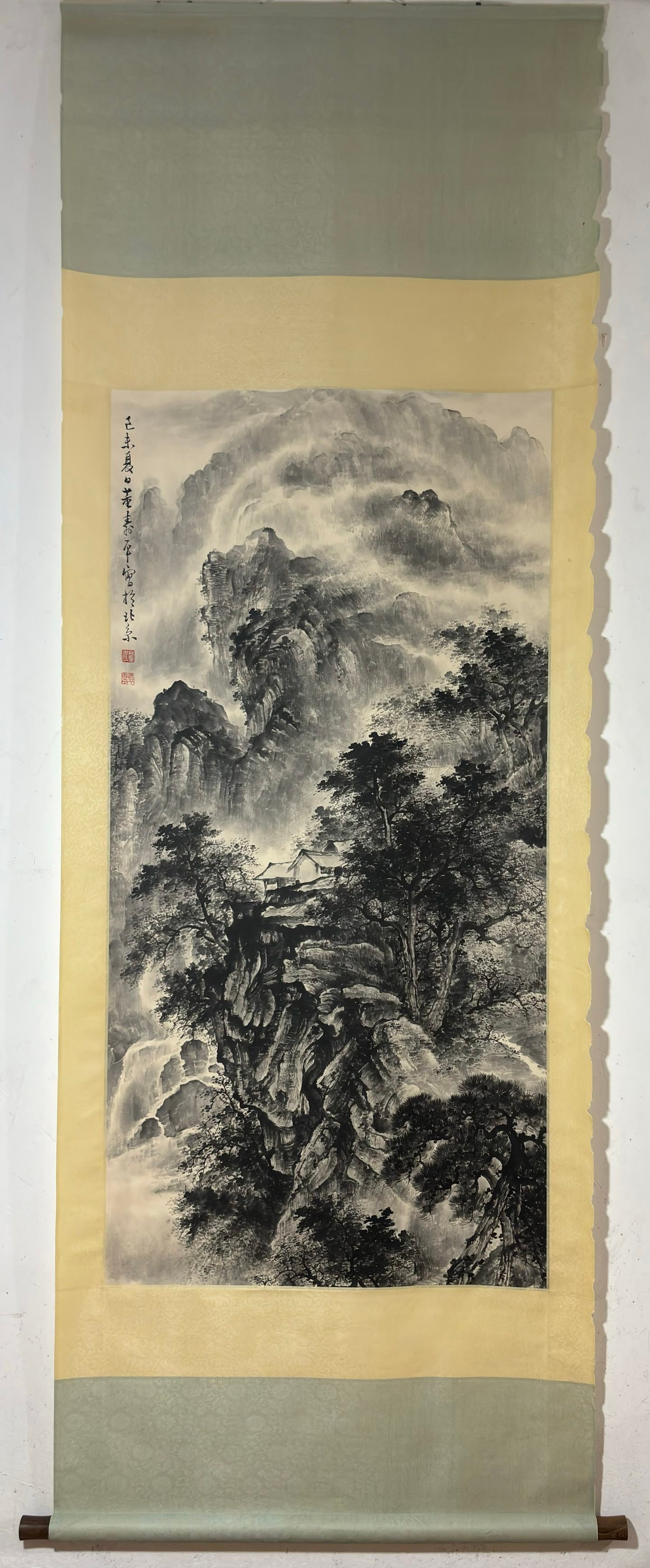A Chinese Vertical Scroll Ink Painting of Landscape on Paper: A Chinese Vertical Scroll Ink Painting of Landscape on Paper Dong shouping Without frame Size:52.6inx26in董寿平山水图 纸本立轴Without frame