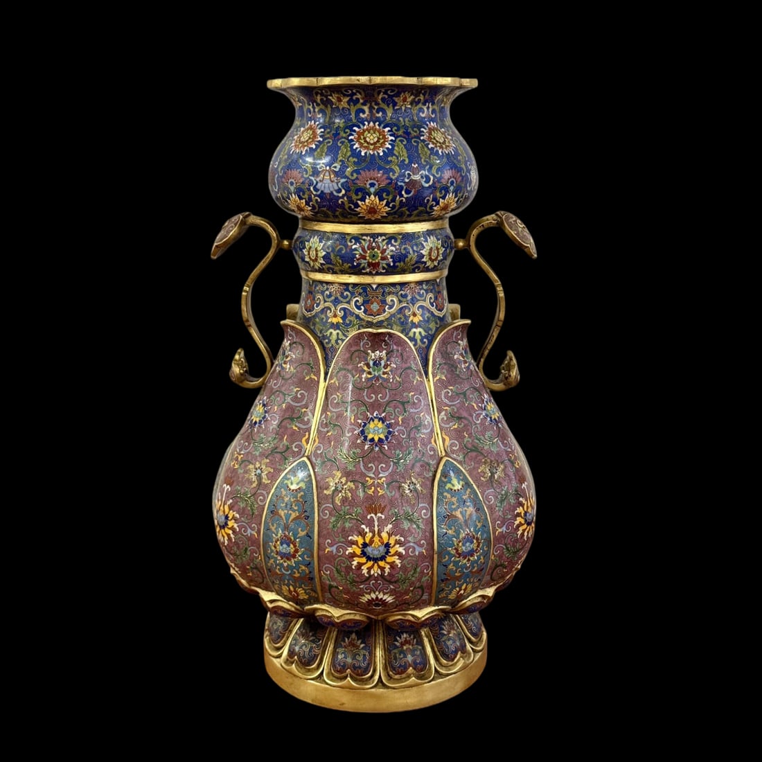 An Exquisite Cloisonne Lotus Pattern Double-Ears Vase: An Exquisite Cloisonne Lotus Pattern Double-Ears Vase Qing Dynasty, China Qianlong Four-character Mark Size:22.8inx12.6in Weight:21.9kg景泰蓝如意耳莲瓣&