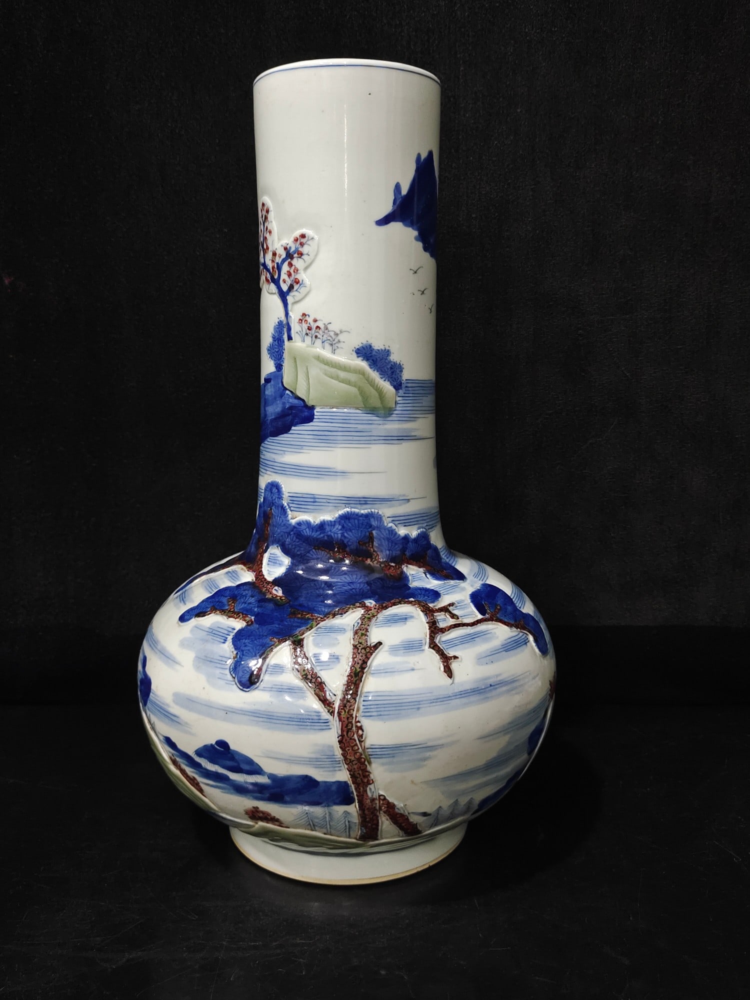 A Exquisite Underglaze-Red Blue and White Landscape Pattern Vase: A Exquisite Underglaze-Red Blue and White Landscape Pattern Vase,Qing Dynasty, China,Kangxi Six-character Mark,Size:16.5inx9.4inx3.9in