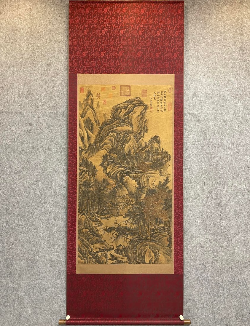 A Chinese Vertical Scroll Ink Painting of Landscape on Silk: A Chinese Vertical Scroll Ink Painting of Landscape on Silk,Yuan Dynasty, China,Wang Meng,without frame size:27.6inx51.2in