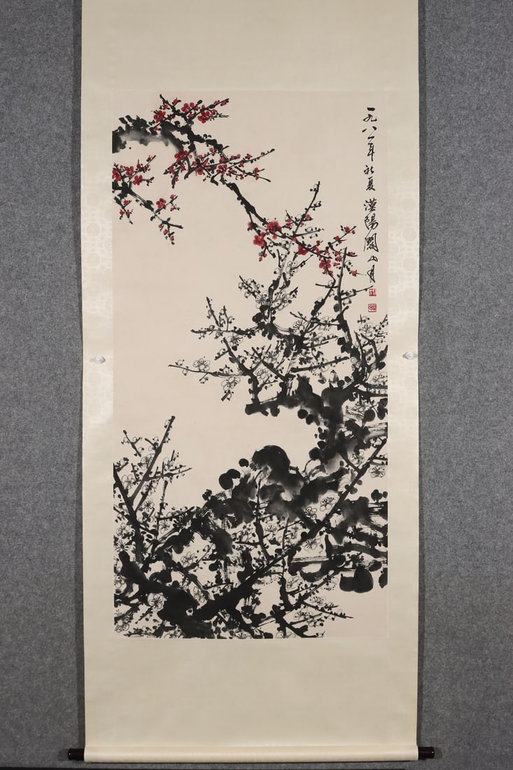 A Chinese Vertical Scroll Ink Painting of Plum Flower on Paper: A Chinese Vertical Scroll Ink Painting of Plum Flower on Paper,Modern Time of China,Guan Shanyue,without frame size:54.3inx27.2in