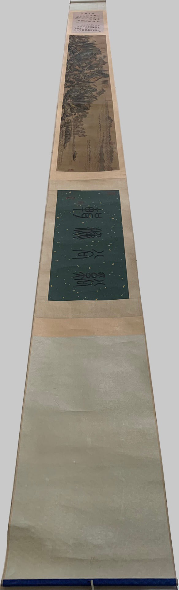 A Chinese Hand Scroll Ink Painting of Landscape on Silk: A Chinese Hand Scroll Ink Painting of Landscape on Silk,Ming Dynasty, China,Shen Zhou,without frame size:11inx82.7in 一幅中国水墨绢本山水