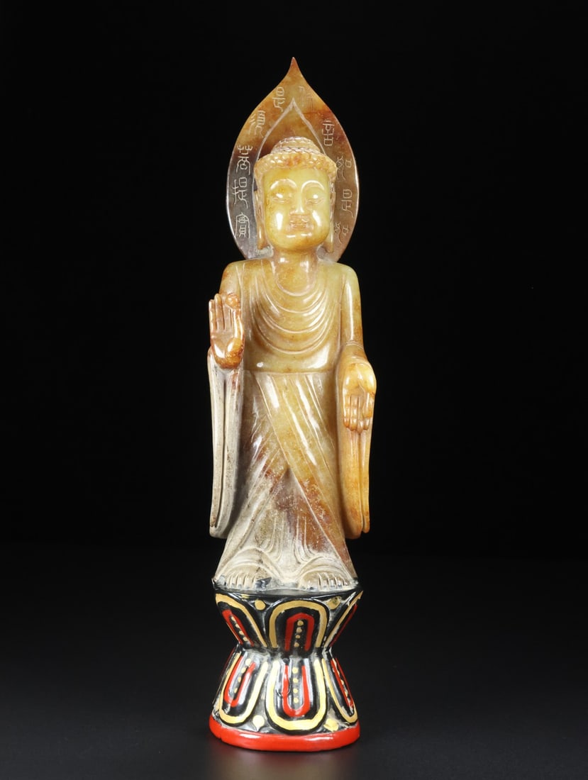A Exquisite Hotan Jade Buddha Statue Ornament: A Exquisite Hotan Jade Buddha Statue Ornament,Tang Dynasty, China,Size:11.4inx2.8inx2.8in,Weight:1341g 和田玉佛像摆件,中国唐代