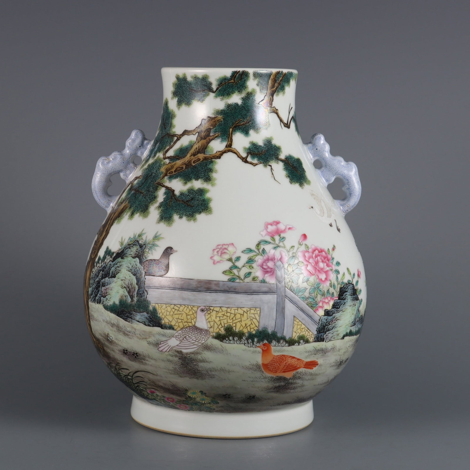 A Exquisite Famille-Rose Flower and Bird Pattern Ruyi-Ears Vase: A Exquisite Famille-Rose Flower and Bird Pattern Ruyi-Ears Vase,Qing Dynasty, China,Qianlong Six-character Mark,Size:9.9inx7.3inx3.7in