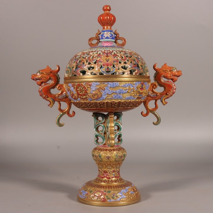 A Exquisite Enamel Gold Ground Eight Treasures Pattern Dragon-Ears Censer: A Exquisite Enamel Gold Ground Eight Treasures Pattern Dragon-Ears Censer,Qing Dynasty, China,Qianlong Four-character Mark,Size:12.2inx5.1in