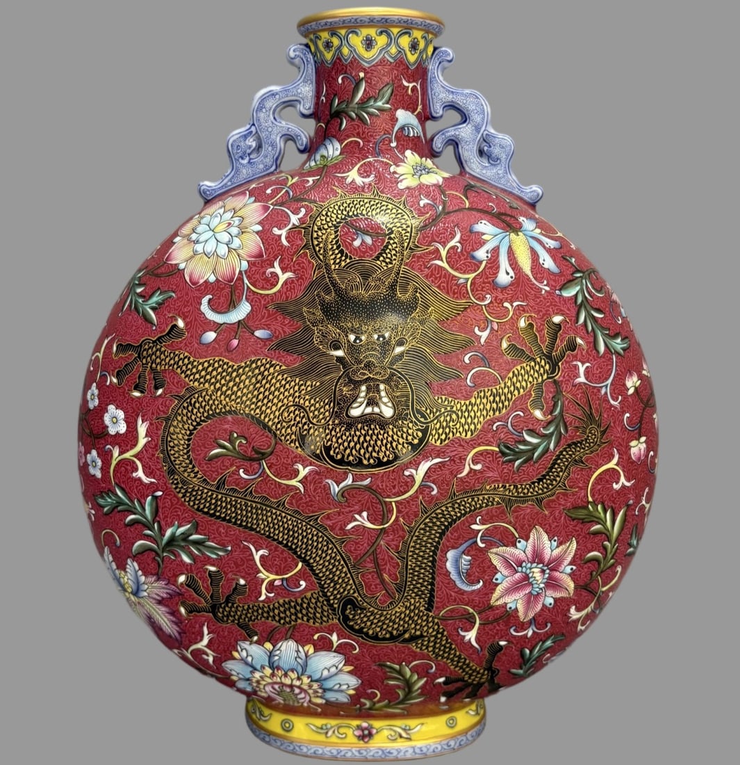 A Exquisite Ruby Red-Glazed Ground Painted Gold Dragon Pattern Vase: A Exquisite Ruby Red-Glazed Ground Painted Gold Dragon Pattern Vase,Qing Dynasty, China,Qianlong Six-character Mark,Size:12.4inx10.6in