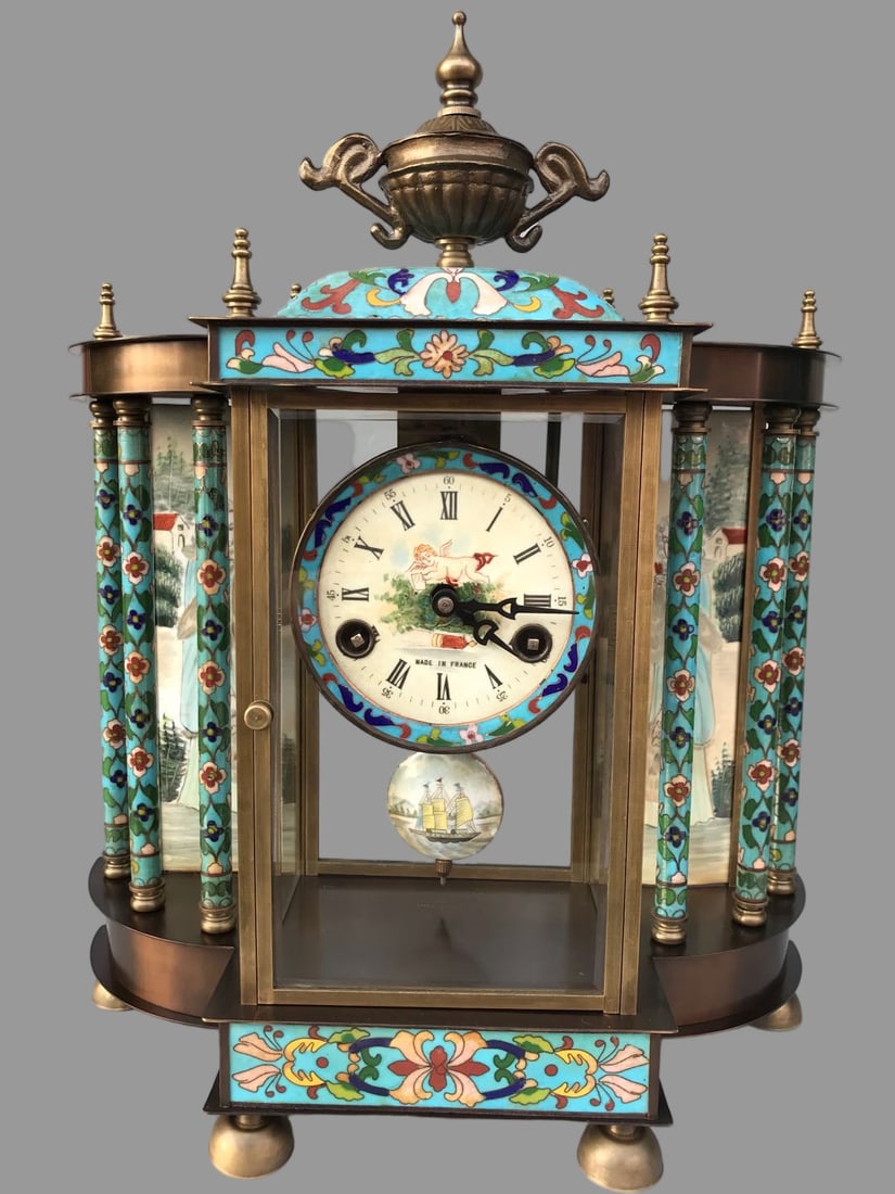 A Exquisite Bronze Cloisonne Mechanical Mantel Clock: A Exquisite Bronze Cloisonne Mechanical Mantel Clock,Modern Time of China,Size:13.8inx5.5inx17.7in 铜景泰蓝机械座钟,近现代
