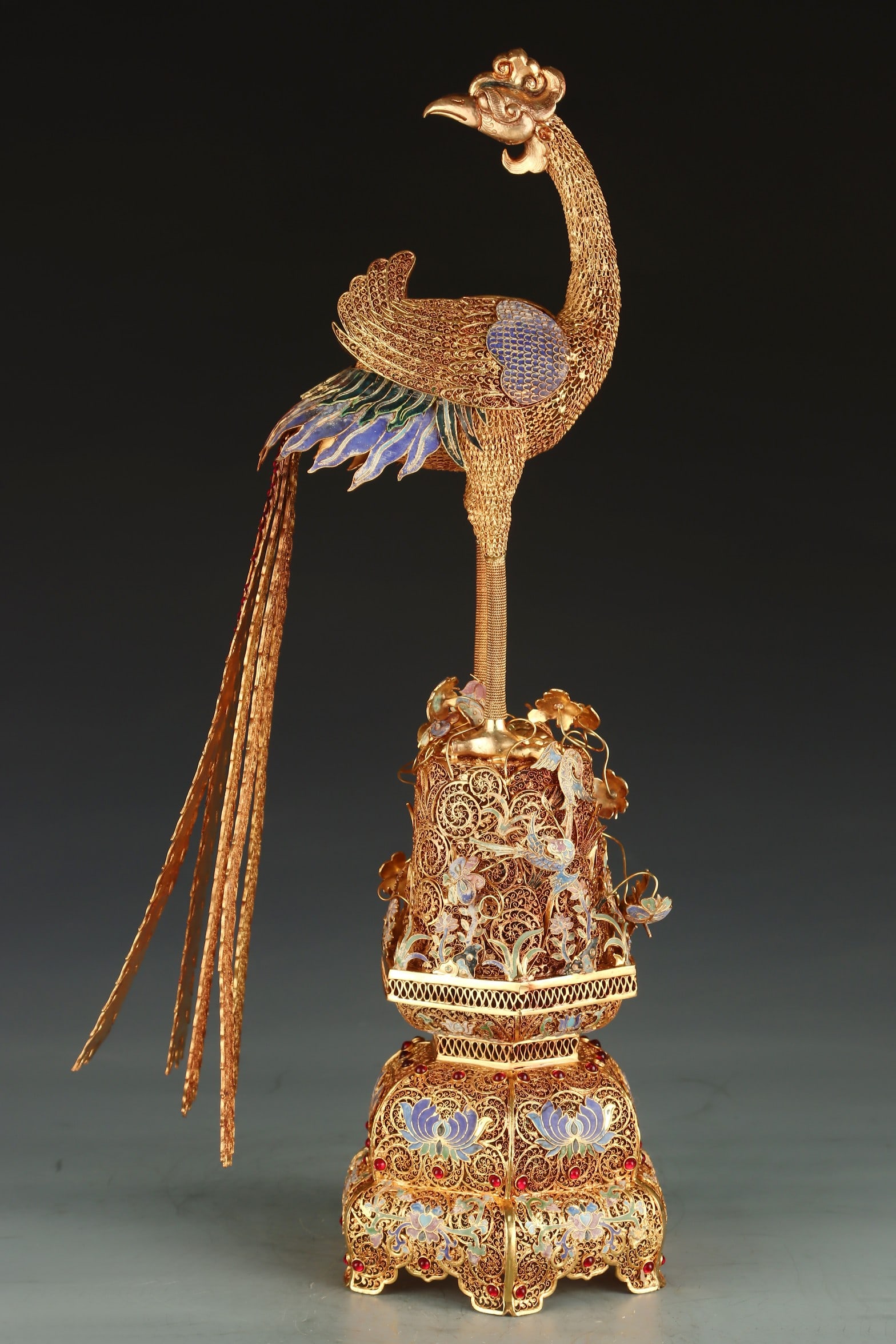 A Exquisite Filigree Gilt Inlaid Gems Phoenix Ornament: A Exquisite Filigree Gilt Inlaid Gems Phoenix Ornament,Qing Dynasty, China,Qianlong Four-character Mark,Size:20.9inx6.7in,Weight:1735g