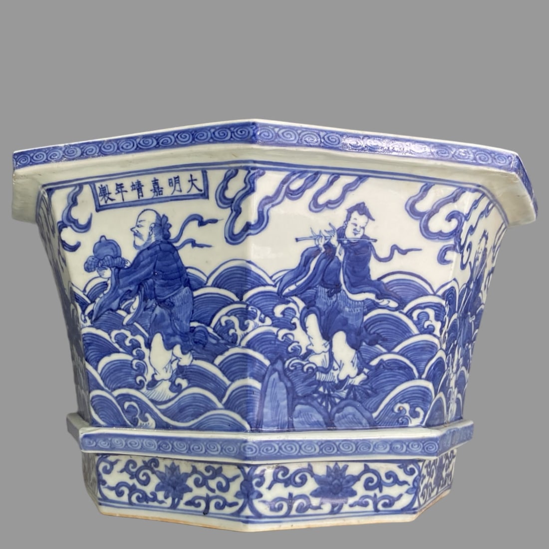A Exquisite Blue and White Character and Story Pattern Basin: A Exquisite Blue and White Character and Story Pattern Basin,Ming Dynasty, China,Jiajing Six-character Mark,Size:8.3inx14.2in