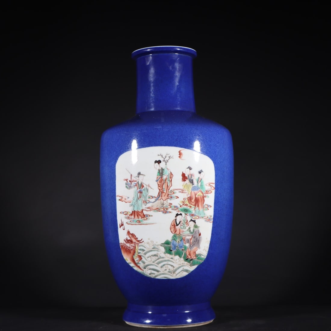 A Exquisite Ji Blue Glazed Wucai Figures Pattern Vase: A Exquisite Ji Blue Glazed Wucai Figures Pattern Vase,Qing Dynasty, China,Kangxi Six-character Mark,Size:16.7inx8.3in 霁蓝釉五彩人物纹瓶,中&