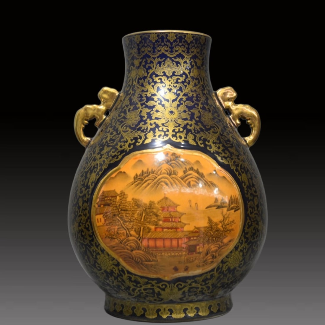 A Exquisite Ji Blue Glazed Painted Gold Landscape Pattern Double-Ears Vase: A Exquisite Ji Blue Glazed Painted Gold Landscape Pattern Double-Ears Vase,Qing Dynasty, China,Qianlong Six-character Mark,Size:17.3inx13.4in 霁蓝釉描金山水&#