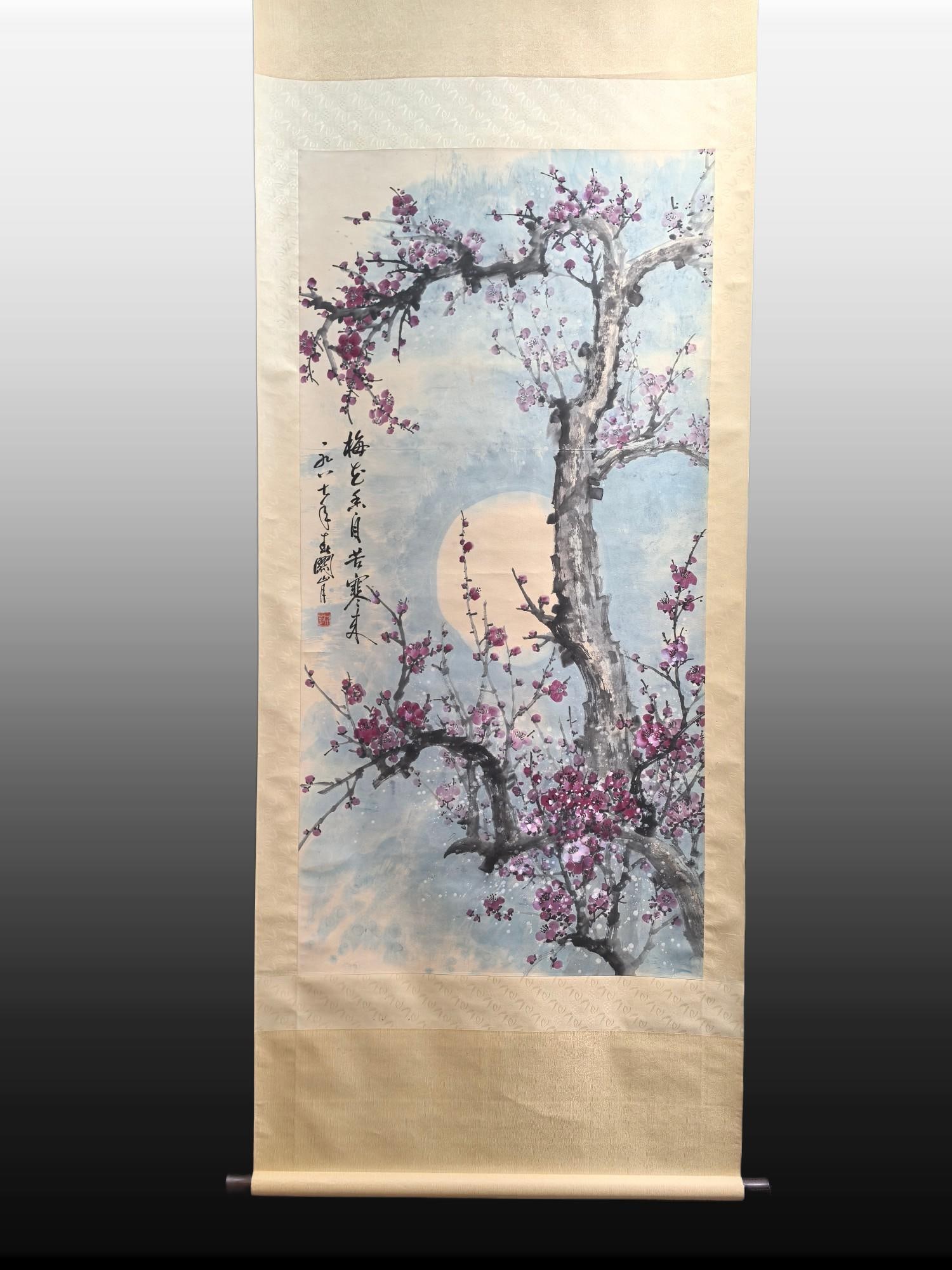 A Chinese Vertical Scroll Ink Painting of Flowers on Paper: A Chinese Vertical Scroll Ink Painting of Flowers on Paper,Modern Time of China,Guan Shanyue,without frame size:26.8inx53.8in