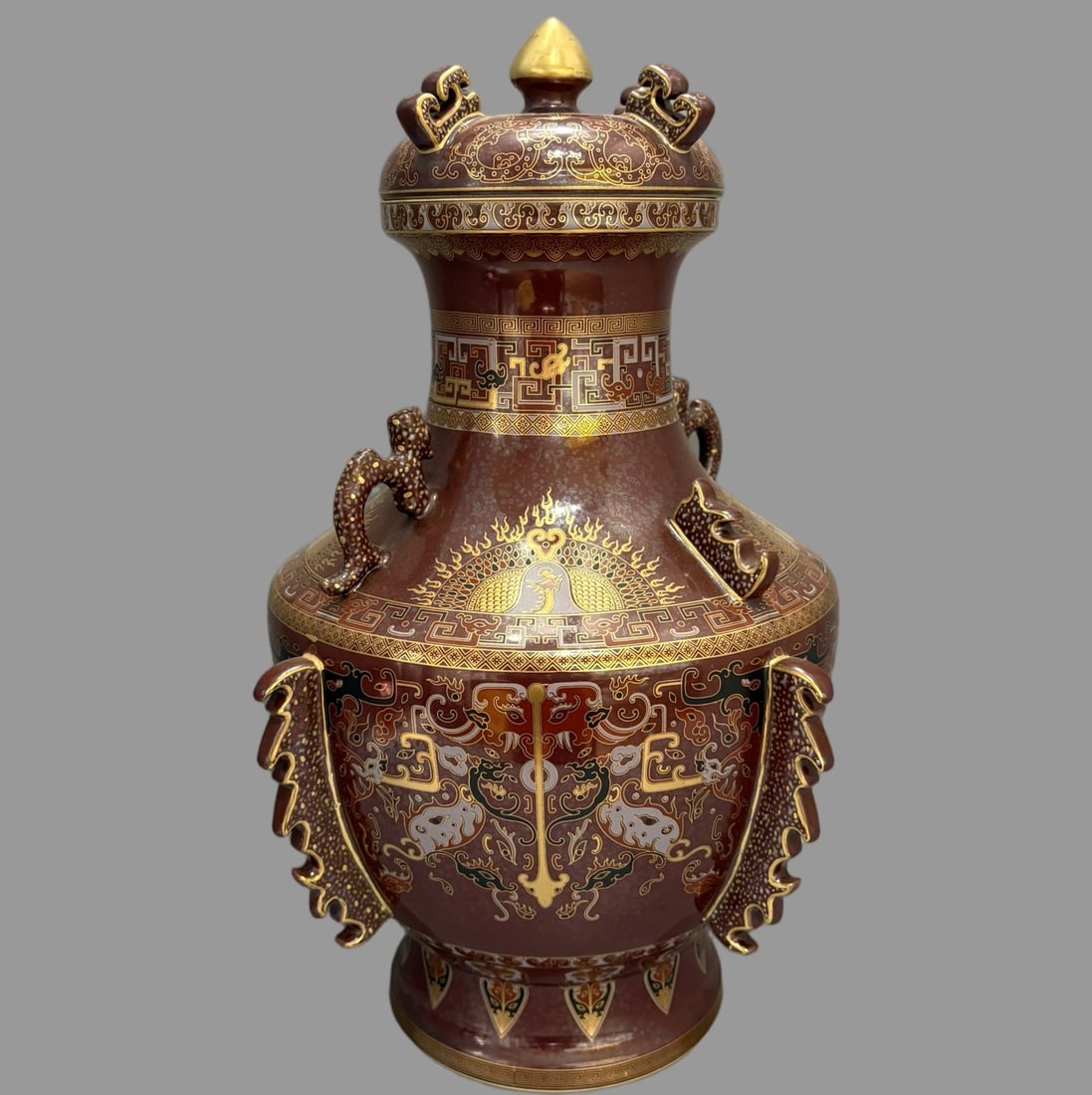 A Exquisite Purple Gold Glazed Gold and Silver-Inlaid Bronze Beast-Face Pattern Jar: A Exquisite Purple Gold Glazed Gold and Silver-Inlaid Bronze Beast-Face Pattern Jar,Qing Dynasty, China,Qianlong Six-character Mark,Size:18.3inx13in 紫金釉错金银